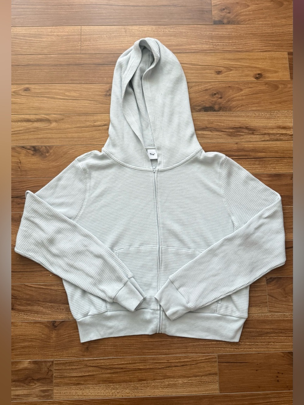 Tna Aritzia Light Blue Thermal Waffle Knit Zip Up Hoodie L